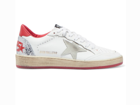 GOLDEN GOOSE BALL STAR DISTRESSED GLITTERED LEATHER SNEAKERS