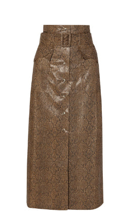 NANUSHKA Aarohi belted snake-effect vegan leather midi skirt