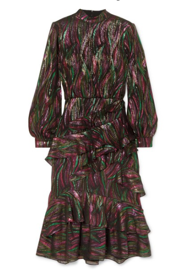 SALONI Isa ruffled metallic silk-blend jacquard midi dress
