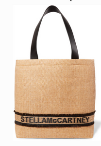 STELLA MCCARTNEY SMALL FAUX LEATHER-TRIMMED RAFFIA TOTE