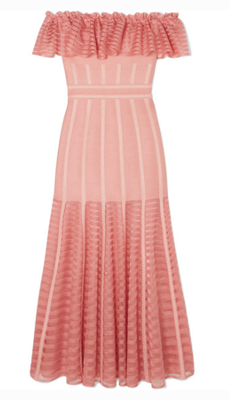 ALEXANDER MCQUEEN RUFFLED OFF-THE-SHOULDER MESH-DRESS