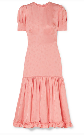 THE VAMPIRE'S WIFE HUMMINGBIRD RUFFLED SATIN-JACQUARD MIDI DRESS