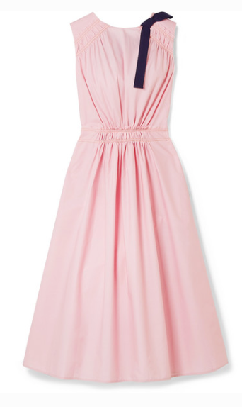 ROKSANDA GROSGRAIN-TRIMMED SHIRRED COTTON-POPLIN MIDI DRESS