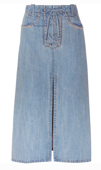 MIU MIU LACE-UP STUDDED DENIM MIDI SKIRT