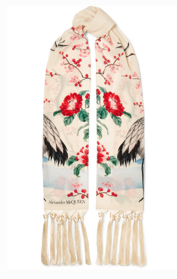 ALEXANDER MCQUEEN TASSELED PRINTED SILK-SATIN SCARF