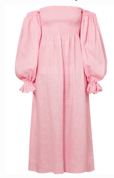 SLEEPER ATLANTA OFF-THE-SHOULDER SHIRRED LINEN MIDI DRESS