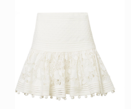 ZIMMERMANN CORSAGE POMPOM-EMBELLISHED GUIPURE LACE AND SWISS DOT-TULLE MINI SKIRT